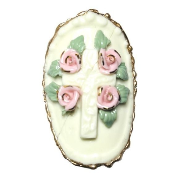 Vintage Broken China Caged in Artisan Metalwork Cabochon & Suede Cuff Bracelet - Picture 12 of 17